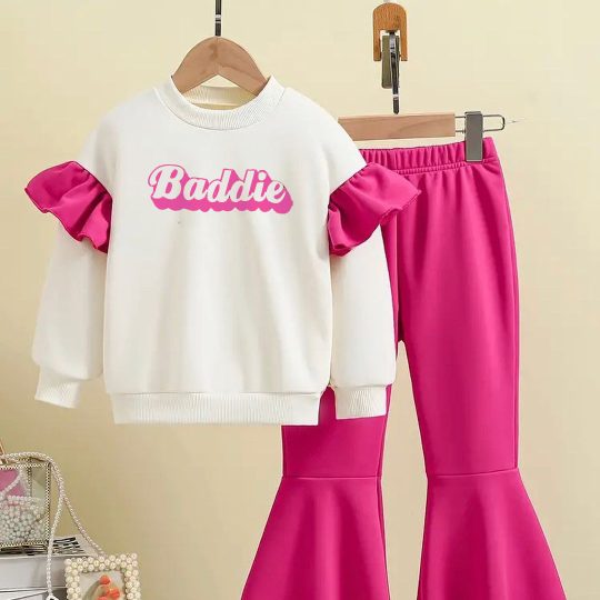 2-Piece "Baddie" Ruffle Sleeve Sweatshirt and Flared Pants Set