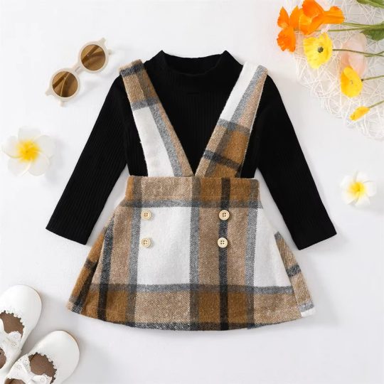 2-Piece Toddler Girl Plaid Suspender Skirt with Black Ribbed Top