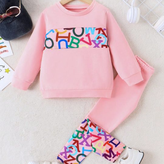 2- Piece Alphabet Print Pink Sweatshirt and Leggings Set