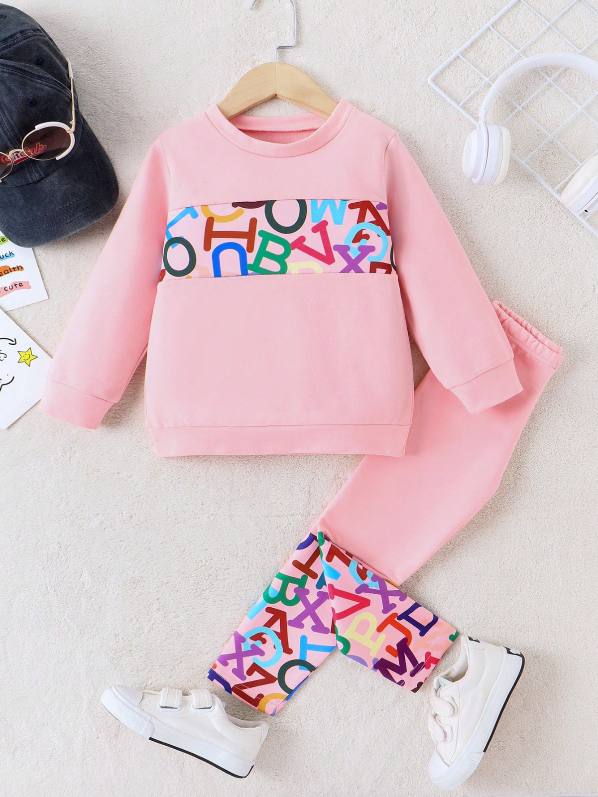 2- Piece Alphabet Print Pink Sweatshirt and Leggings Set