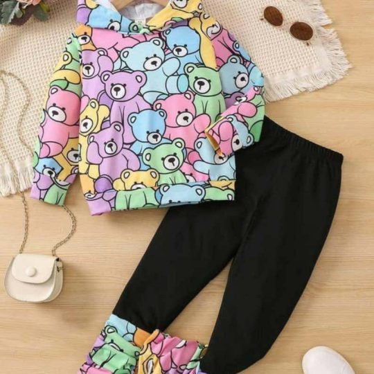 2-Piece Colorful Teddy Bear Print Hoodie and Black Leggings Set