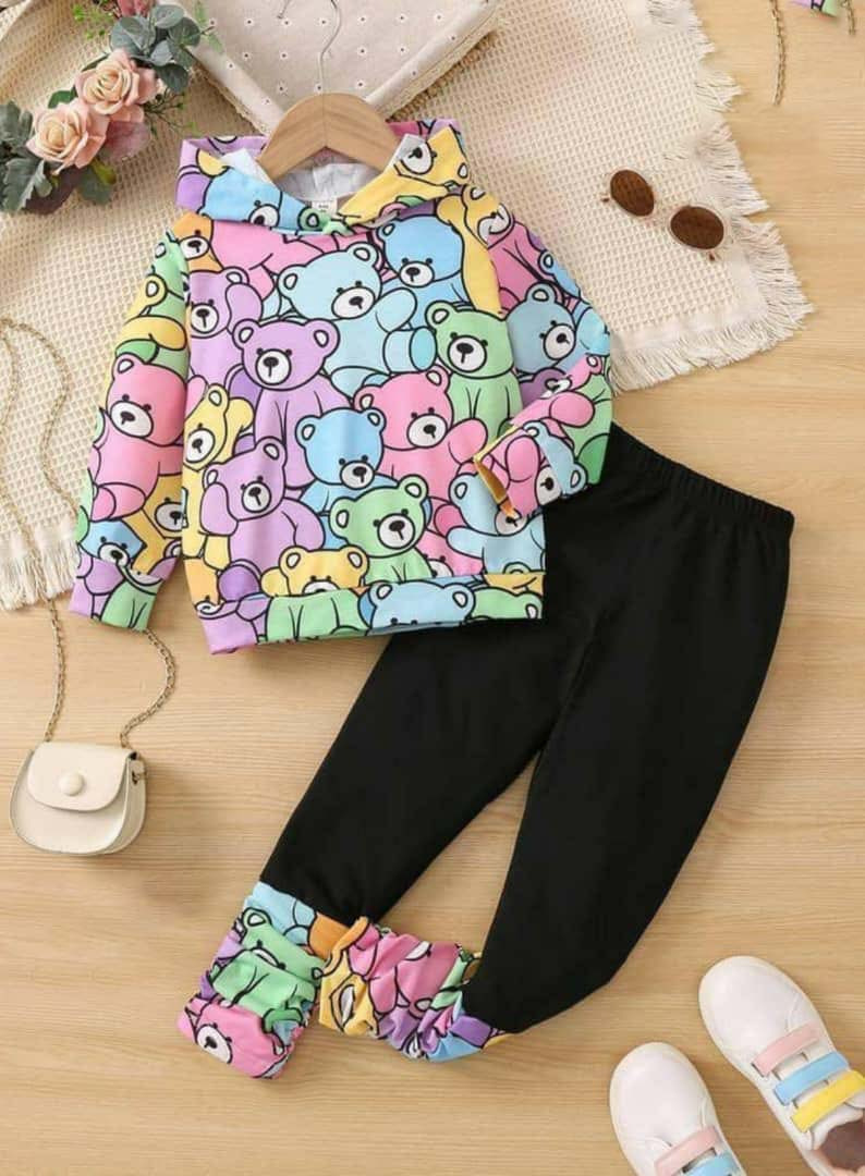 2-Piece Colorful Teddy Bear Print Hoodie and Black Leggings Set