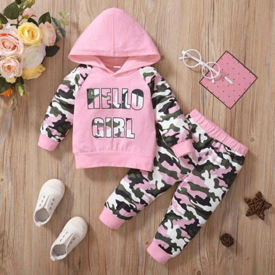2- Piece "Hello Girl" Pink Camouflage Hoodie and Jogger Set