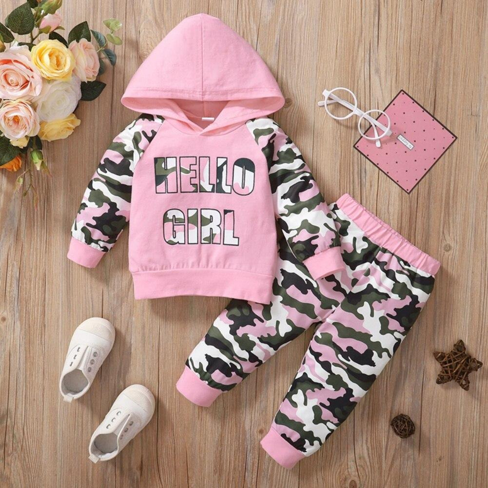 2- Piece "Hello Girl" Pink Camouflage Hoodie and Jogger Set