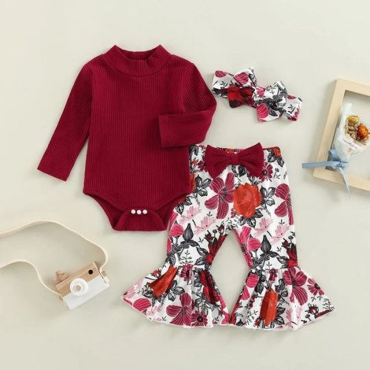 2-Piece Burgundy Ribbed Bodysuit and Floral Bell-Bottom Pants Set