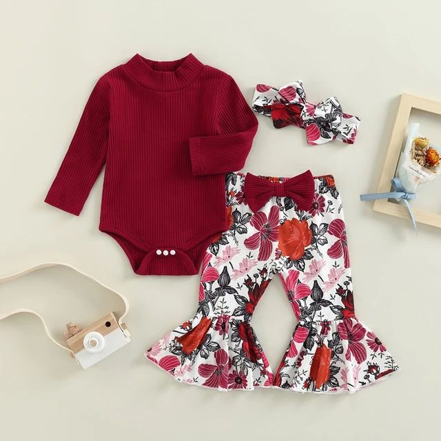 2-Piece Burgundy Ribbed Bodysuit and Floral Bell-Bottom Pants Set