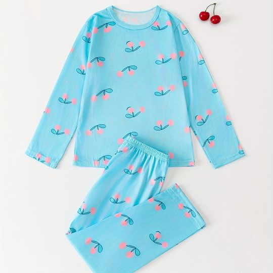 2-Piece Blue Cherry Print Pajama Set