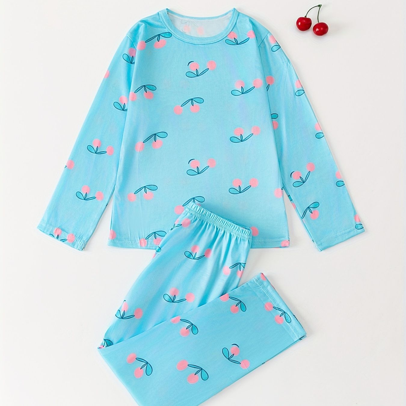 2-Piece Blue Cherry Print Pajama Set