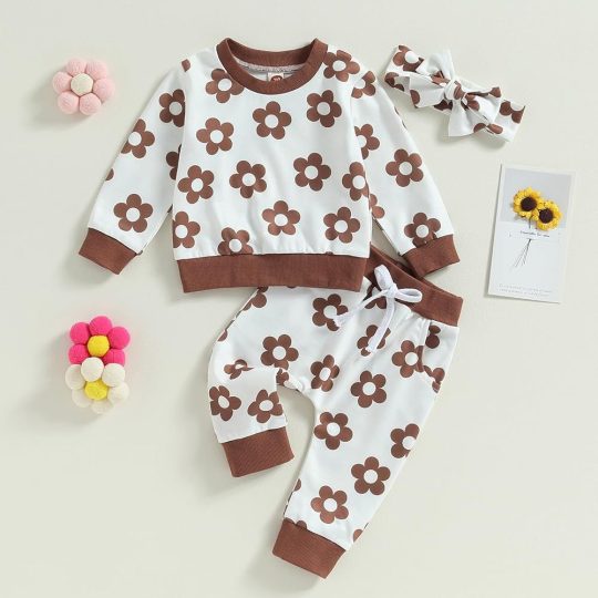 2-Piece Brown Flower Print Baby Outfit Set