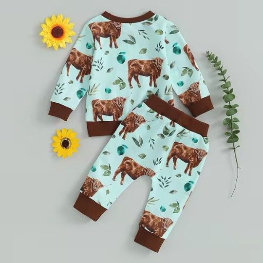 2-Piece Highland Cow Print Baby Pajama Set
