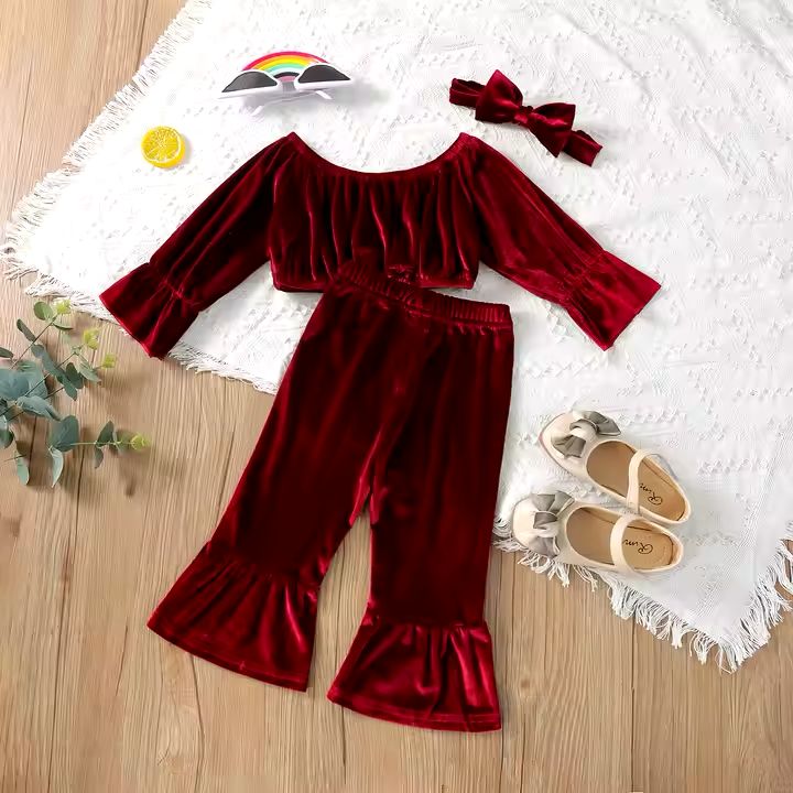 2 Piece Velvet Red Ruffle Outfit Set