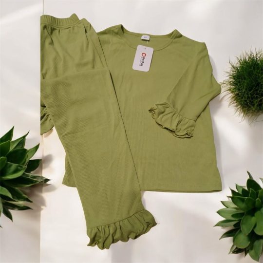 2-Piece Olive Green Ruffle Trim Pajama Set
