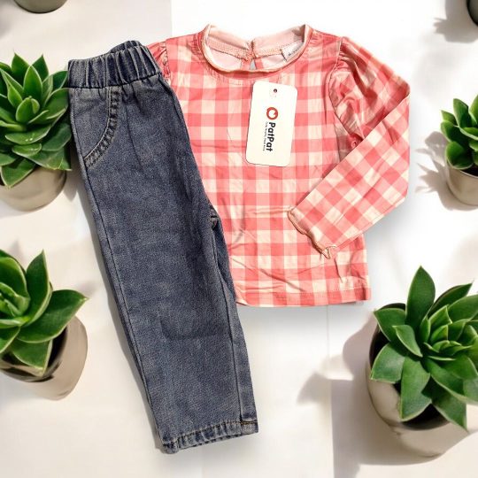 2-Piece Pink Plaid Top and Denim Pants Set