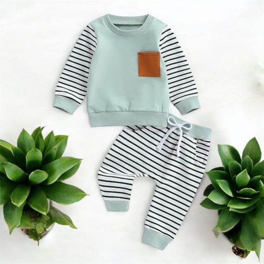 2 Piece Striped Sleeve Pocket Sweatshirt and Pants Set