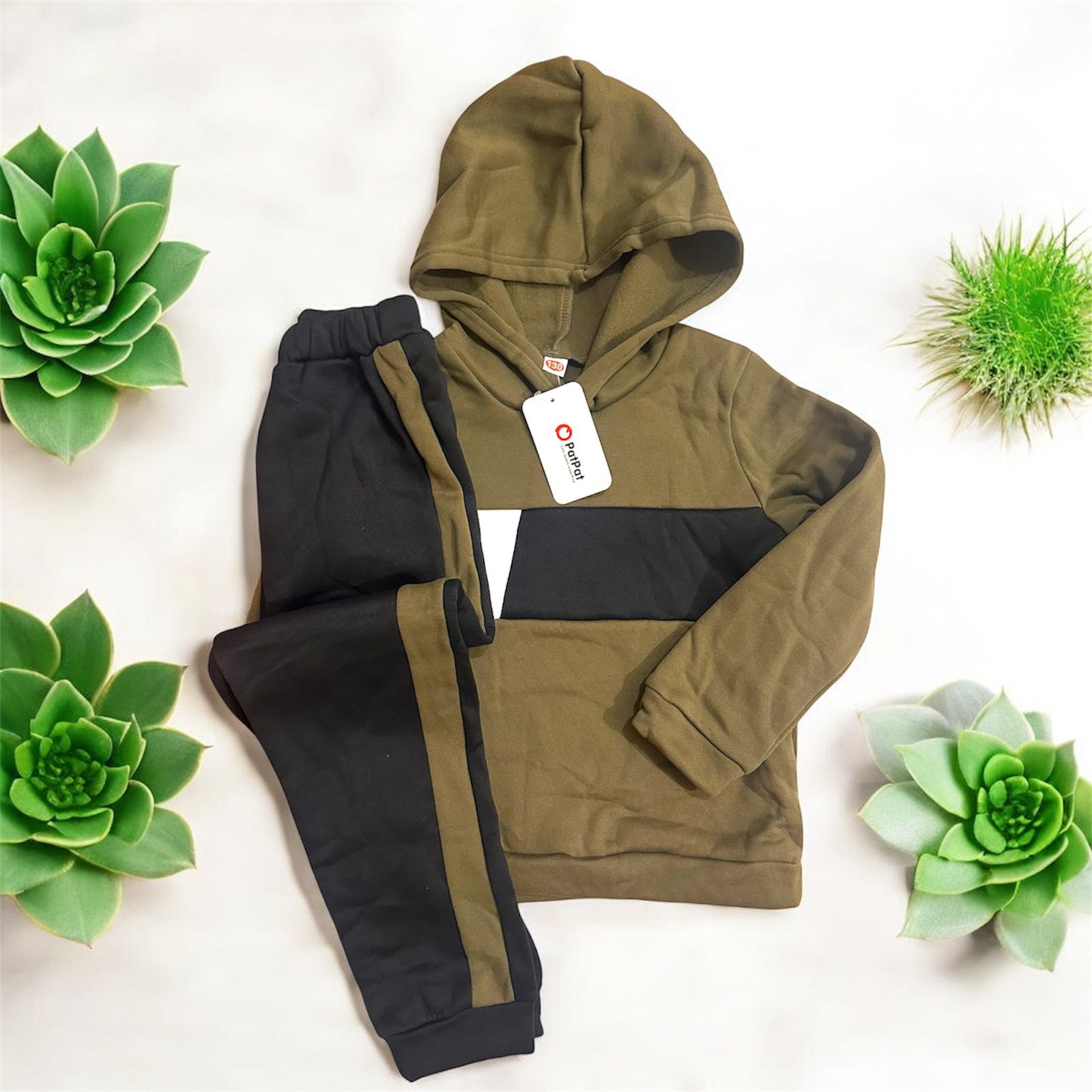 2-Piece Olive Green and Black Colorblock Hoodie Set