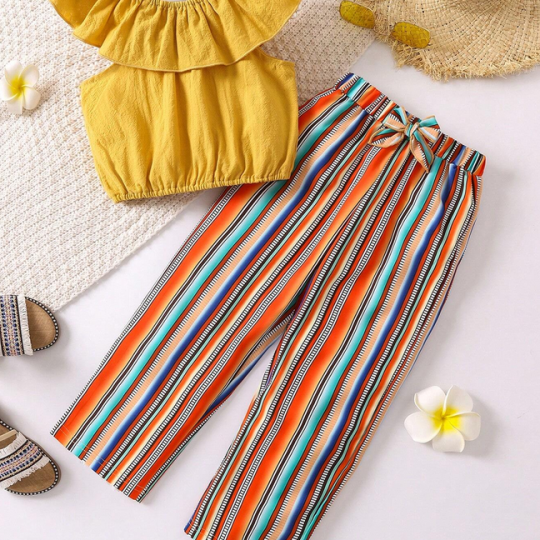 2- Piece Summer Sunshine Ruffle Top and Striped Pants Set