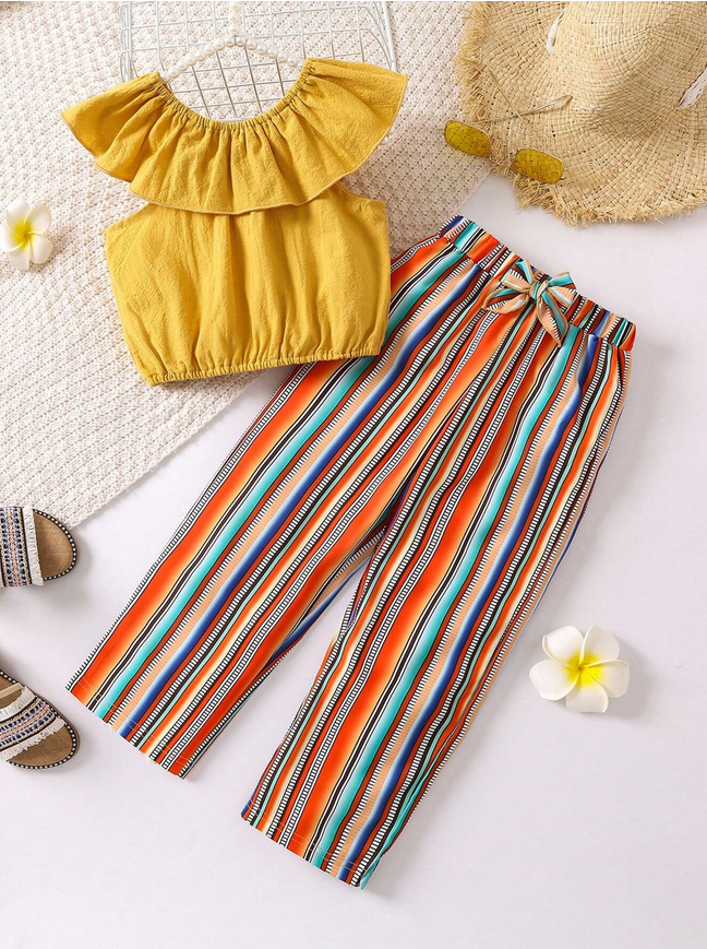 2- Piece Summer Sunshine Ruffle Top and Striped Pants Set