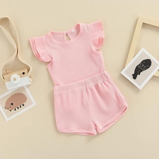 2-Piece Pink Ribbed Baby Romper