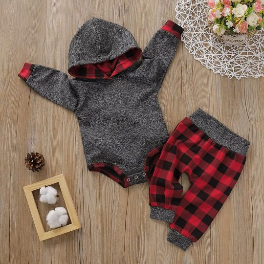 2-Piece Cozy Plaid Hooded Baby Romper and Pants Set