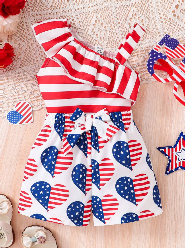 2-Piece Patriotic Striped and Heart-Patterned Outfit