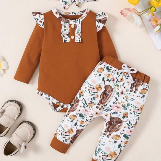 3-Piece Floral Ruffle Long Sleeve Baby Outfit Set