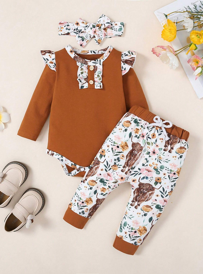 3-Piece Floral Ruffle Long Sleeve Baby Outfit Set