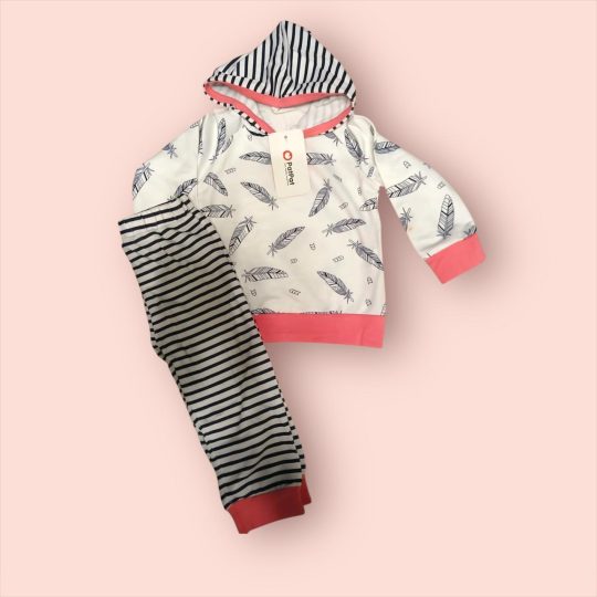 2-Piece Feather Print Hoodie and Striped Pants Set