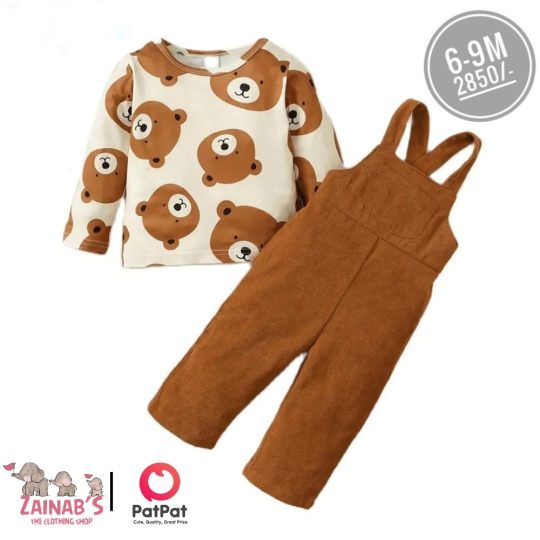 2 Piece Baby Boys Bear Long Sleeve Shirt Straps Suspender Shorts
