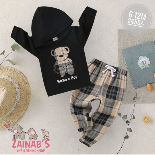 2-Piece Mama's Boy Bear Hoodie and Plaid Pants Set