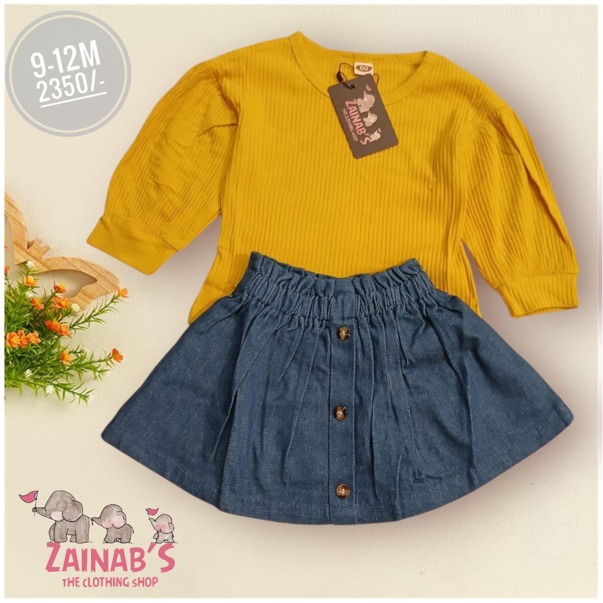 2-Piece Mustard Ribbed Top with Denim Skirt Set