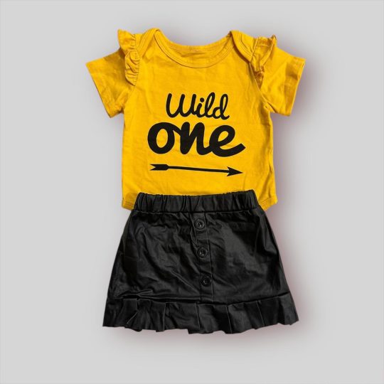 2-Piece Wild One Yellow T-Shirt and Black Skirt Set