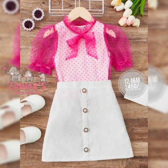 2-Piece Pink Polka Dot Top and White Button Skirt Set