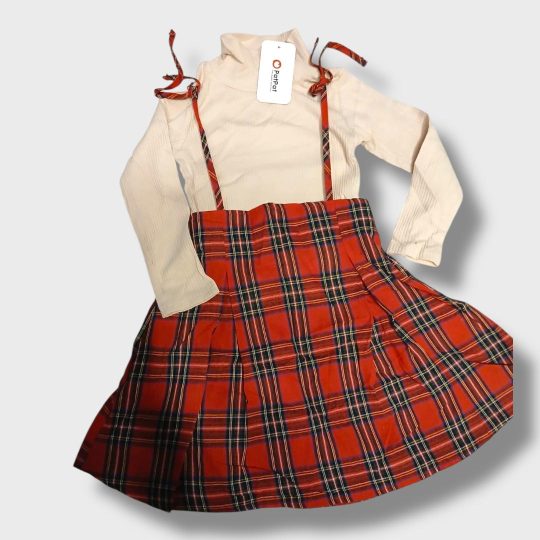 2-Piece Plaid Skirt with Cream Ribbed Shirt Set