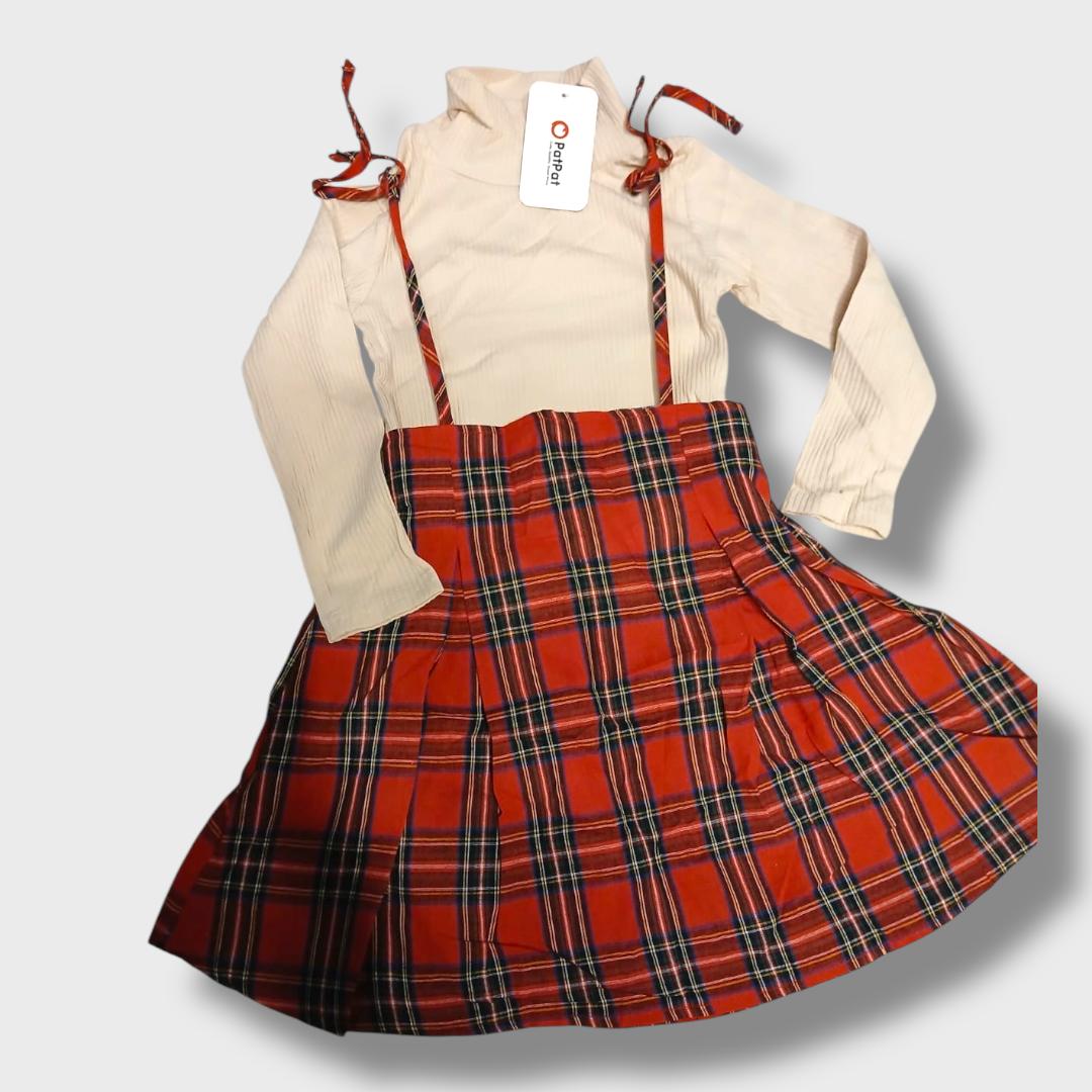 2-Piece Plaid Skirt with Cream Ribbed Shirt Set