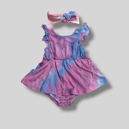 Pink and Blue Tie-Dye Baby Dress with Matching Headband