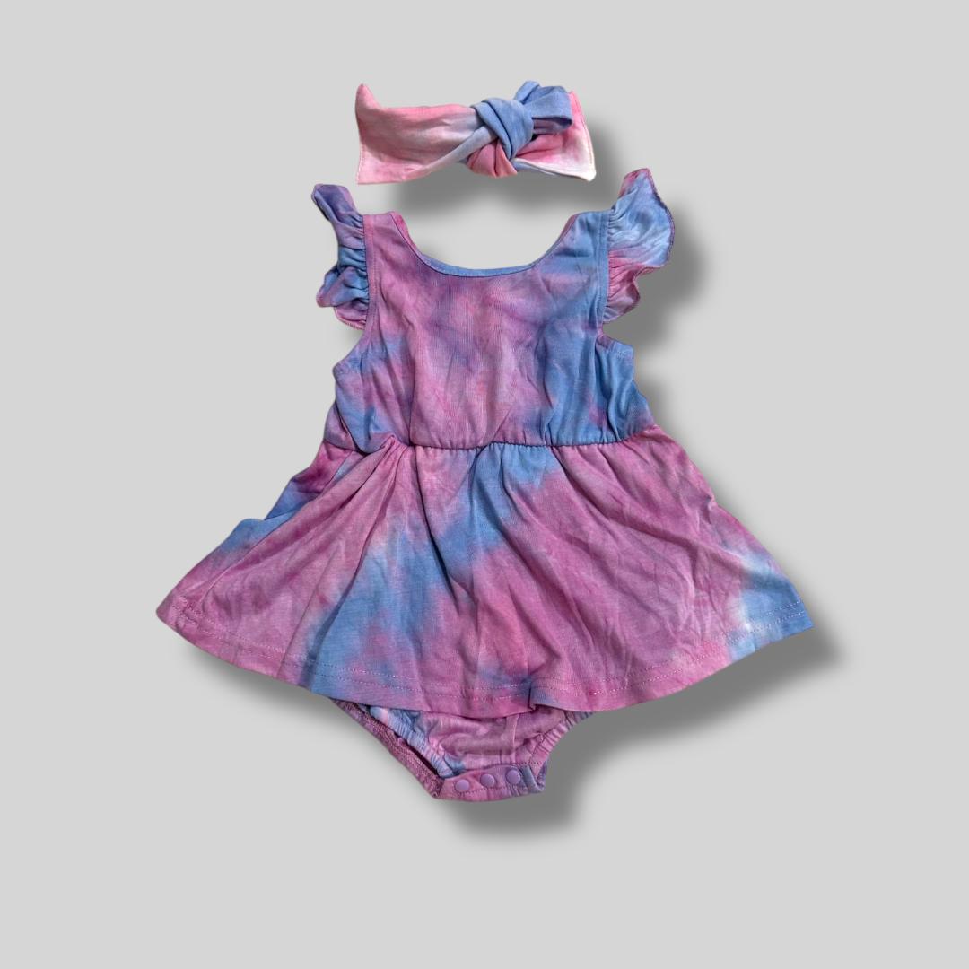 Pink and Blue Tie-Dye Baby Dress with Matching Headband