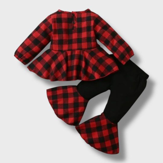 2-Piece Checkered Peplum Top and Black Pants Set