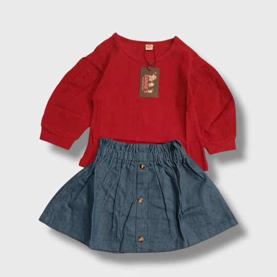 2-Piece Red Ribbed Top and Denim Skirt Set
