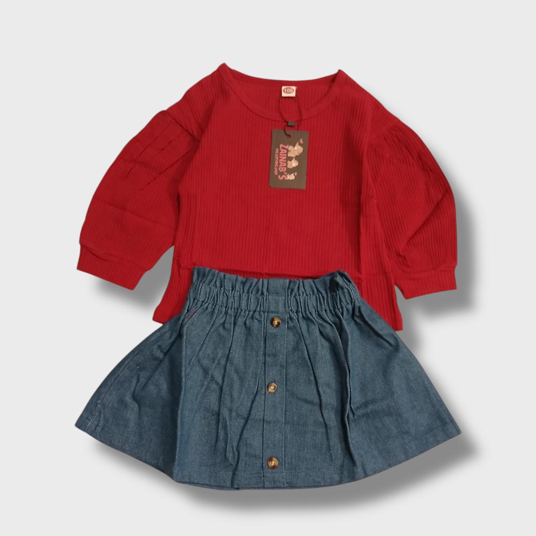 2-Piece Red Ribbed Top and Denim Skirt Set