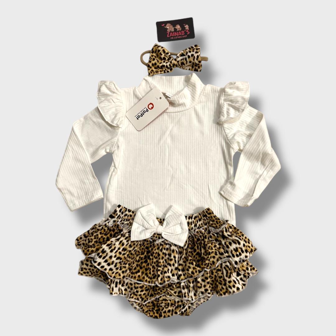 3-Piece Leopard Print Ruffle Baby Outfit Set