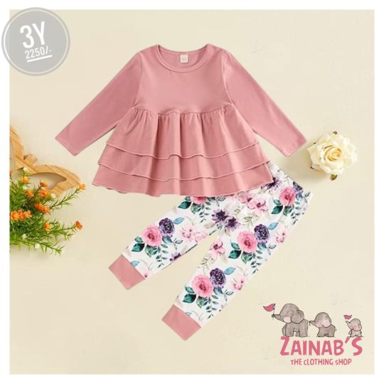 2-Piece Pink Ruffle Tier Top and Floral Pants Set