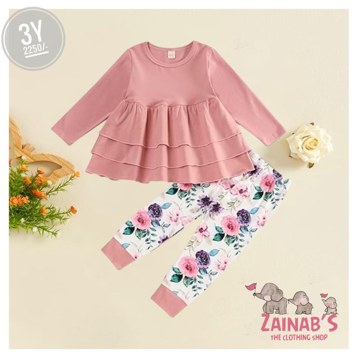 2-Piece Pink Ruffle Tier Top and Floral Pants Set
