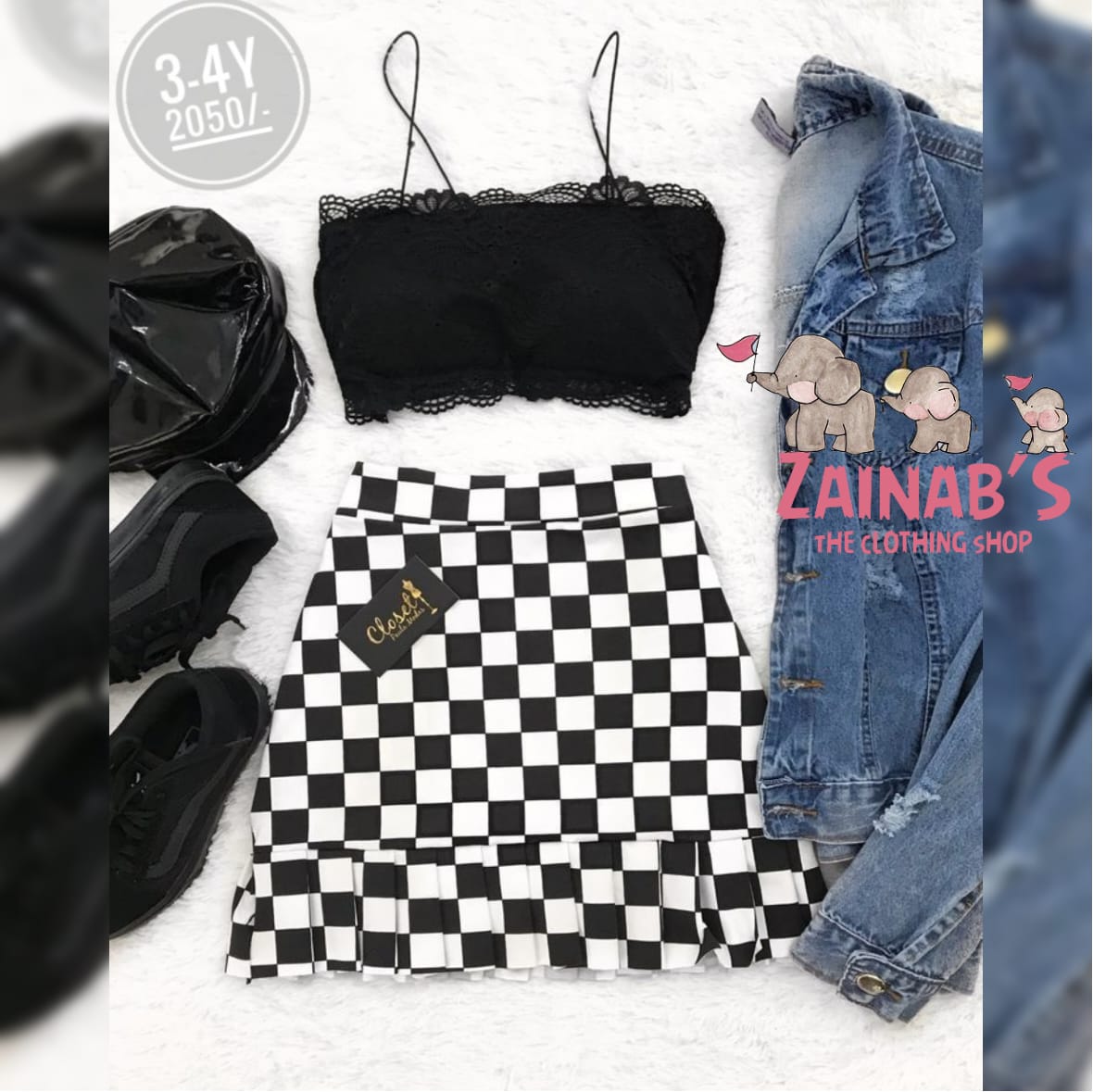2 Piece Black Lace Crop Top and Checkered Skirt Set
