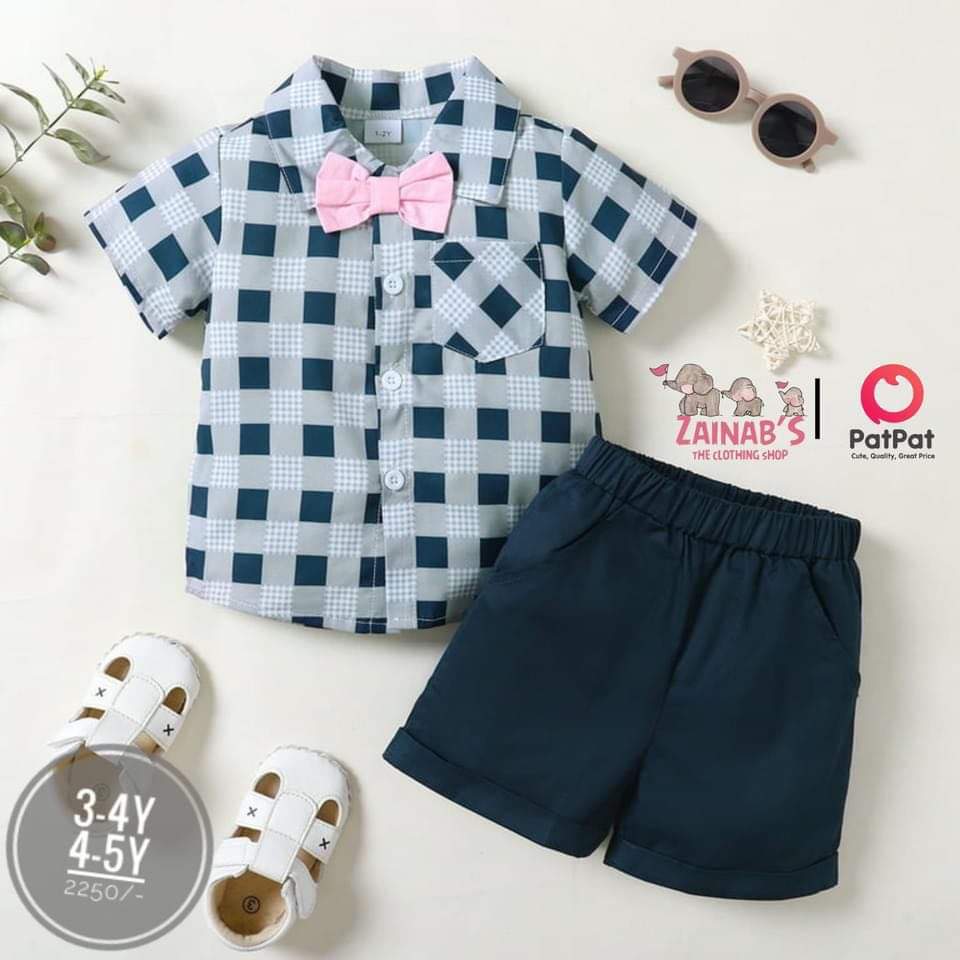 2 Piece Blue and White Checkered Shirt Set