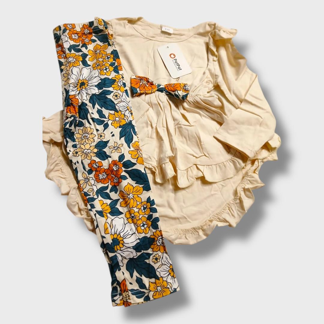 2 Piece Ruffled Top and Floral Pants Set